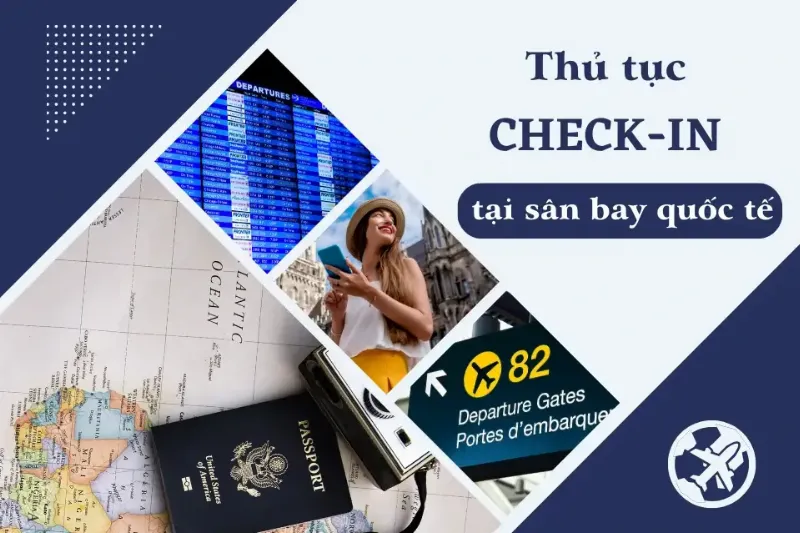 Sơ đồ minh họa các bước làm thủ tục tại ga đi quốc tế Tân Sơn Nhất, từ check-in đến lên máy bay