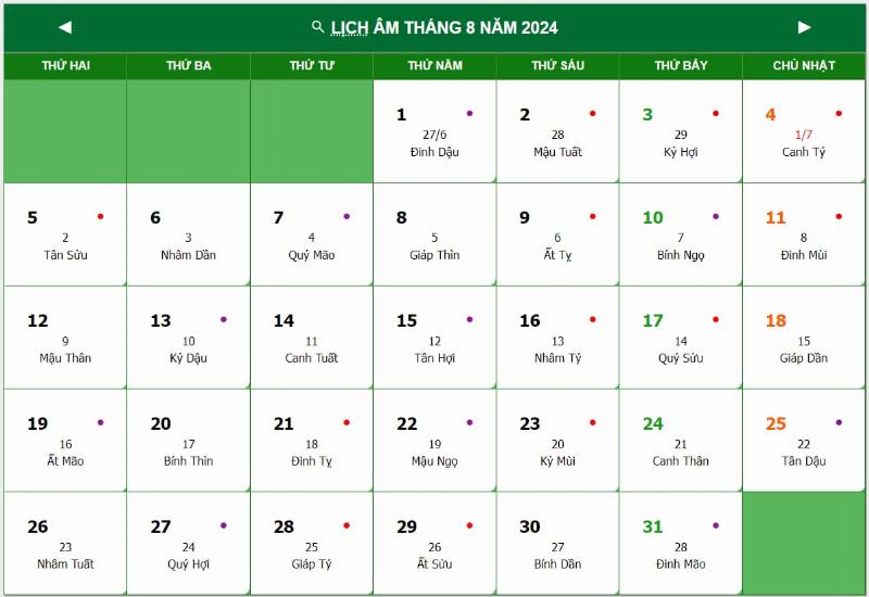 Lịch Âm Tháng 7 2019