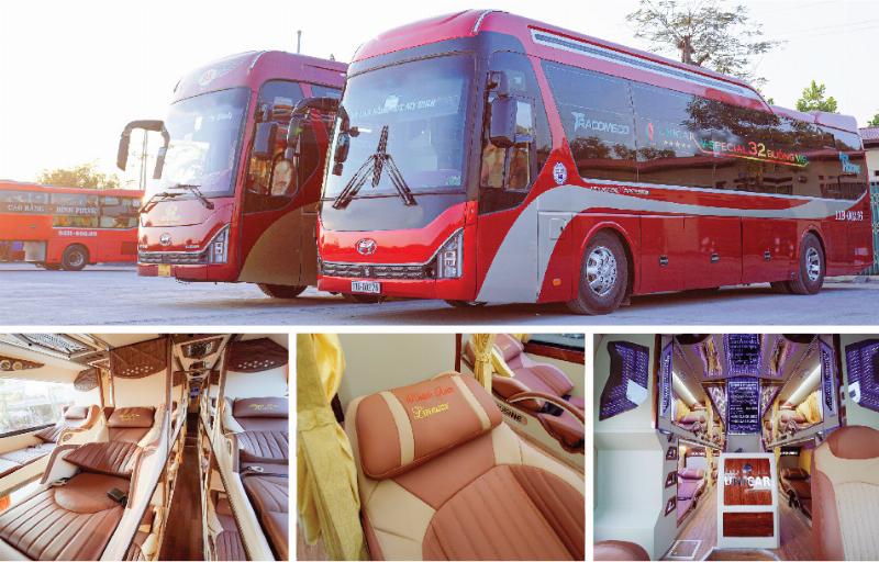 Hành khách thoải mái ngồi trên một chuyến xe khách chạy tuyến Hà Nội Thái Nguyên từ Bến xe Mỹ Đình. Hình ảnh thể hiện sự tiện nghi bên trong xe, hành khách thư giãn đọc sách, dùng điện thoại hoặc nhìn ngắm cảnh vật bên ngoài cửa sổ. Ánh sáng tự nhiên chiếu vào, tạo cảm giác thoải mái, không gian sạch sẽ.